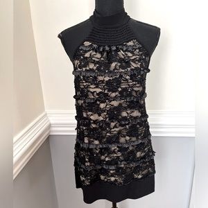 MOA MOA halter style dressy blouse floral lace womens size large Black and Tan